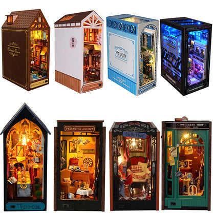 Wooden Book Nook DIY Miniatures Shelf Insert Dollhouse Building Bookshelf Bookend Home Decoration Doll Houses Toys For Xmas Gift
