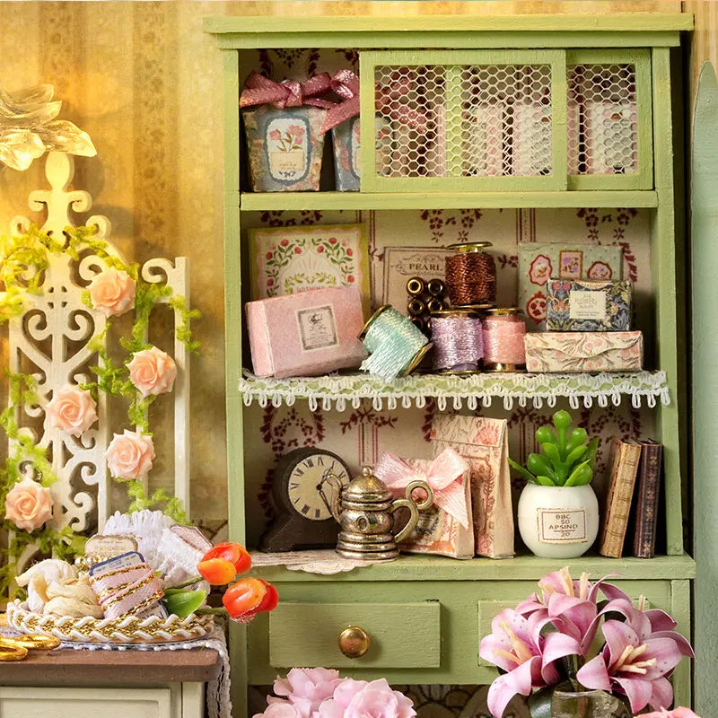 DIY Miniature Dollhouse Kit with LED Light Handmade Wooden Flower Shop Book Nook Creative 3D Puzzle Model Building Set for Gifts