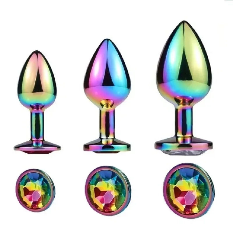 Rose Gold Rainbow Metal Anal Beads Butt Plug Set Colorful Crystal Mini Small Medium Large Anal Plug Jewelry Sex Toy Insert