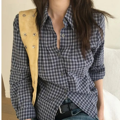 Slimming Plaid Shirt Women's New Chic Spring Vintage Turn-down Collar Waist-cinching Long Sleeve  Collar Top Korean Style