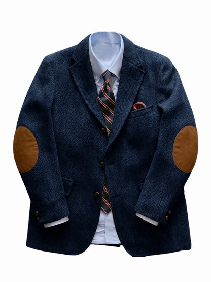 Men's Vintage Herringbone Tweed Blazer With Elbow Patch 2 Button Single Breasted Cotton Casual Slim Fit Business Jacket XS-7XL