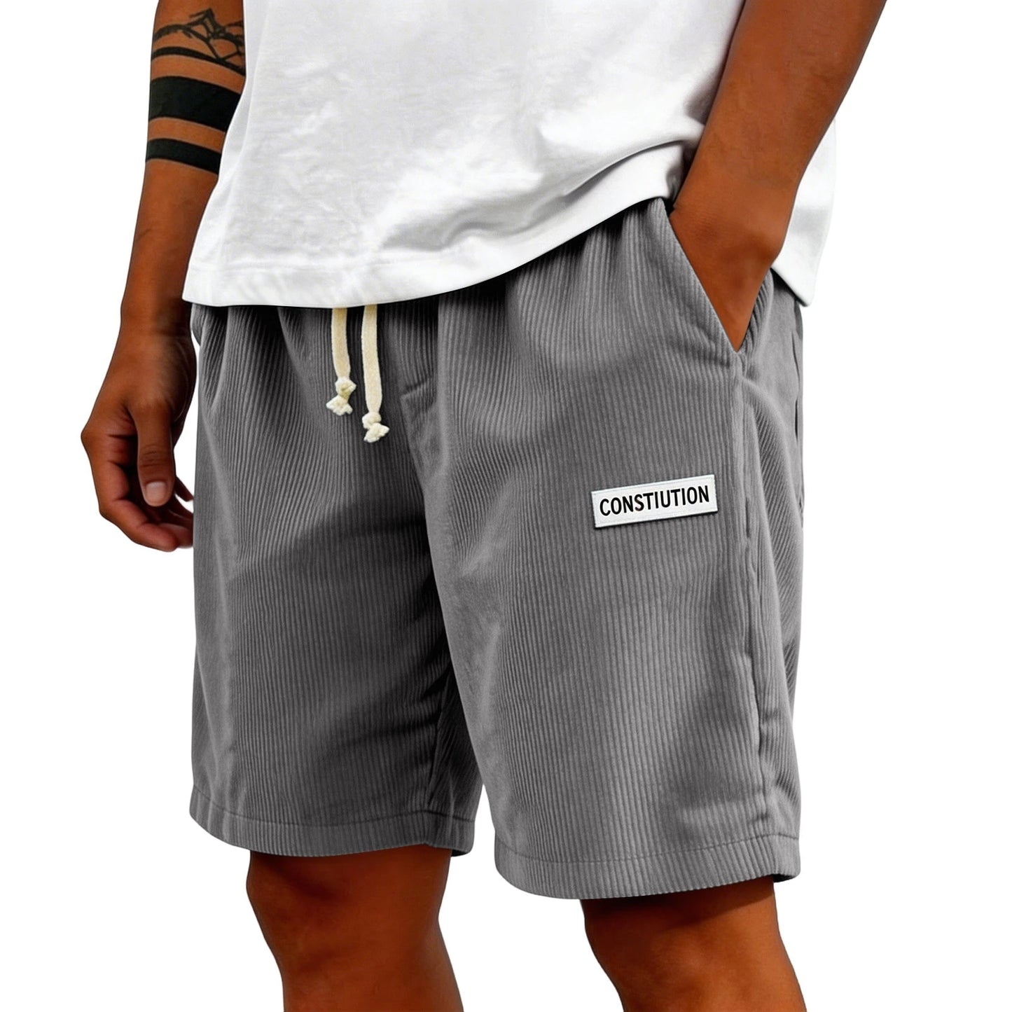 Men's Corduroy Casual Shorts Drawstring Elastic Waist Loose Fit Five-Point Shorts With Pockets Labelled Men's Bottoms Sporty