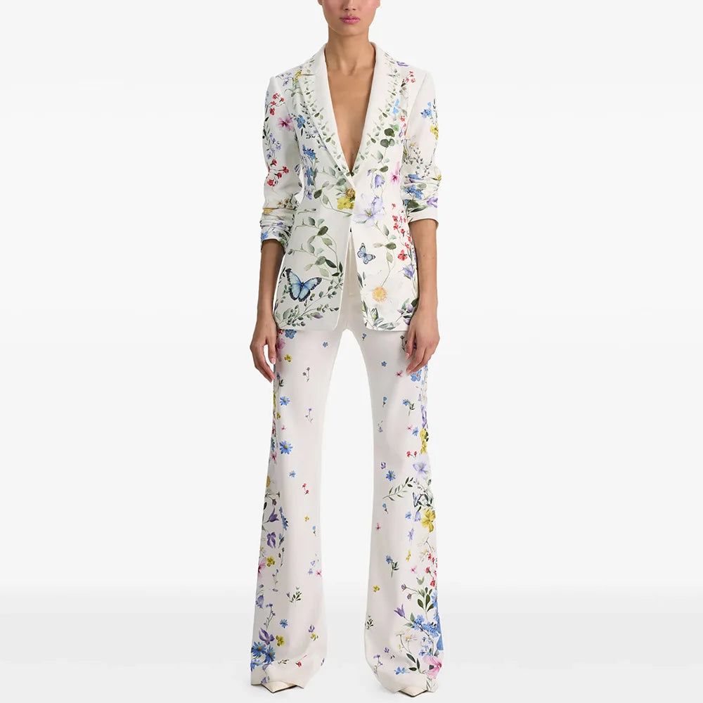 HIGH STREET Newest 2026 Designer Runway Suit Set Women's Brilliant Digital Printed Jacket Flare Pants Suit 2pcs