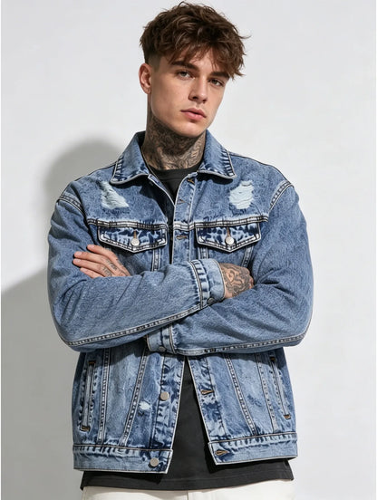 1PC Men’s Simple Solid Denim Jacket Daily Leisure Outerwear No Extra Decorations Excluding Hoodie Sweatshirt