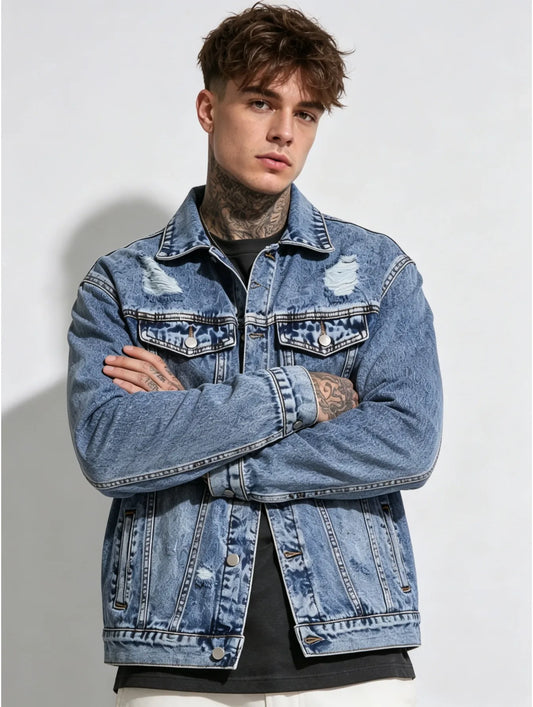 1PC Men’s Simple Solid Denim Jacket Daily Leisure Outerwear No Extra Decorations Excluding Hoodie Sweatshirt