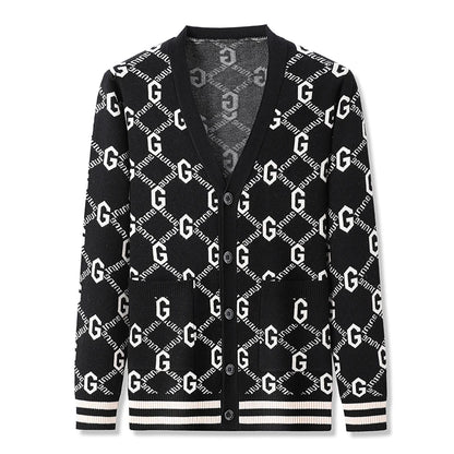 Autumn and Winter New Men's Trendy Brand Fashion Printed Top Long Sleeve Jacket Knitted Sweater for Men