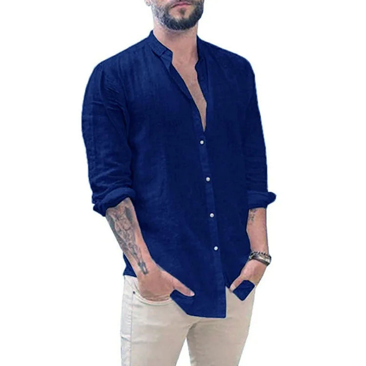 Men's 2026 Men's Linen Cardigan Solid Color Casual Stand-Up Collar Long Sleeve Shirt