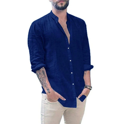 Men's 2026 Men's Linen Cardigan Solid Color Casual Stand-Up Collar Long Sleeve Shirt