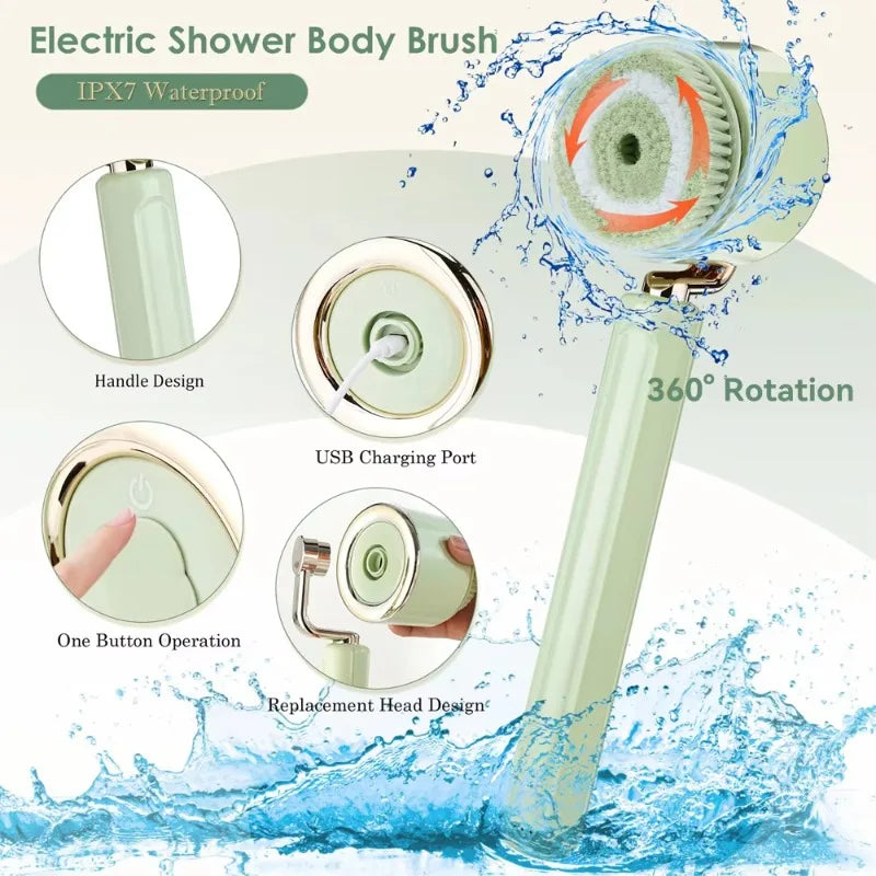 Electric Bath Back Scrubber Long Handle Ipx7 Waterproof Exfoliating Massage Shower Body Cleaning Brushes with 5 Brush Heads