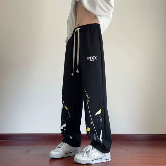 Trendy Men’s Graffiti Jogger Trousers American Street Style Wide Straight Leg Pants Loose Casual Long Pants for Everyday Wear