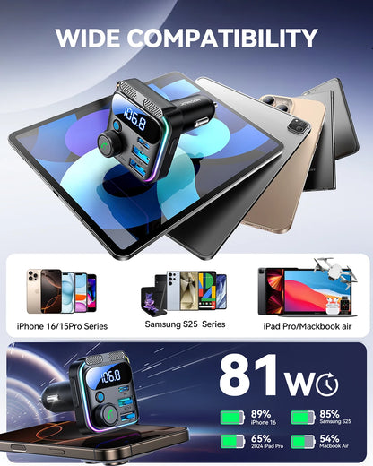 JOYROOM 81W Bluetooth 6.0 Car FM Transmitter Dual Mics PD&QC 3.0 Car Fast Charging Charger Adapter U Disk Hands-Free Calling