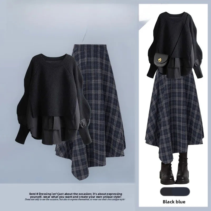 Autumn Winter Fashion Loose Slimming Splice Knitted Sweater High Waist A-Line  Skirt Set Women's plus Size Clothing