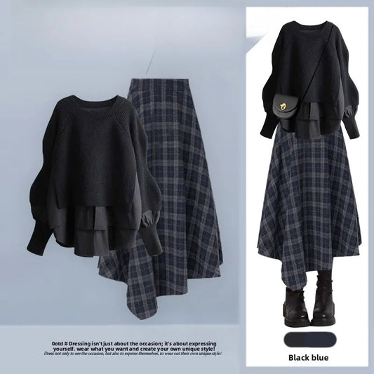Autumn Winter Fashion Loose Slimming Splice Knitted Sweater High Waist A-Line  Skirt Set Women's plus Size Clothing