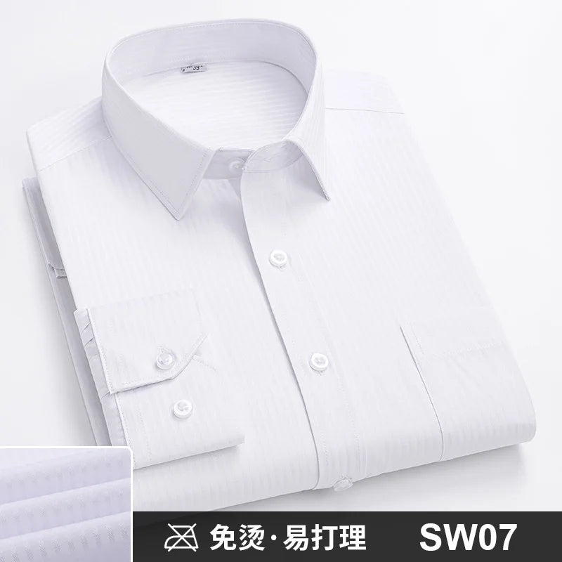 Men's Formal Shirt Long Sleeve S~8XL Oversized Office Solid Color Striped Anti-wrinkle Non-ironing Fashion Business White Shirts