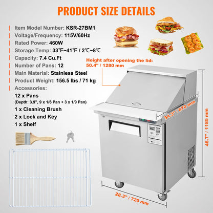 SucceBuy 28" Commercial Refrigerator Sandwich & Salad Prep Table 7.4 Cu. Ft Stainless Steel Refrigerated Food Prep Station