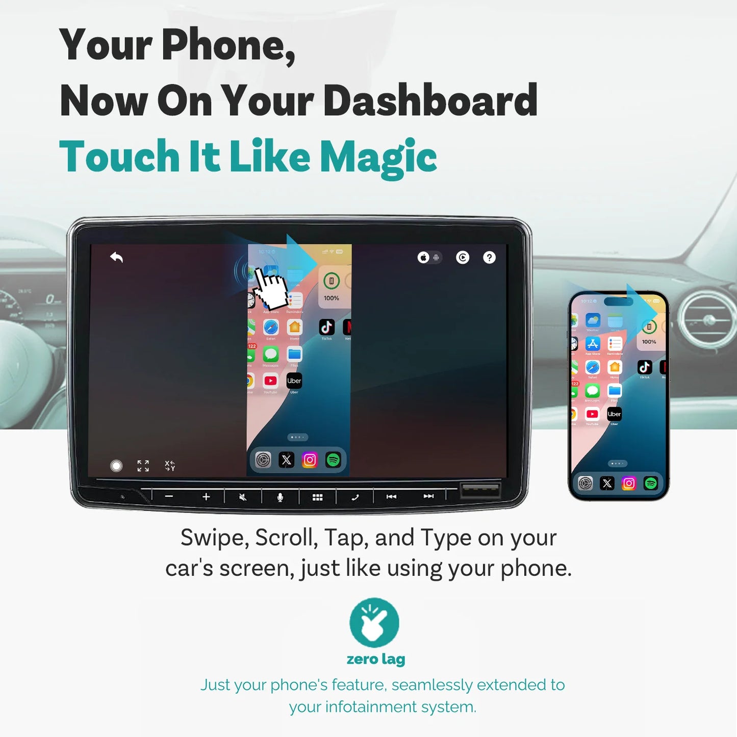 Ottocast Mirror Touch Wireless CarPlay Adapter Bi-Directional Control Dongle for iOS & Android Video Box For Benz Audi Toyota VW