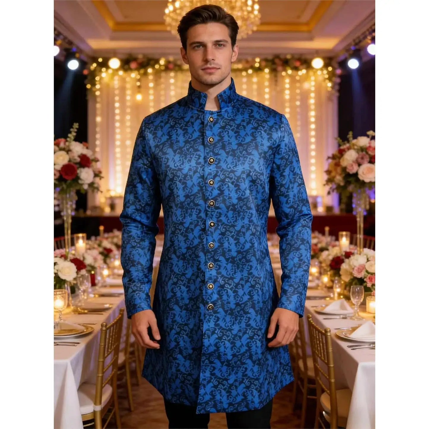 Medieval Men's Kurta Sherwani Jacket Shiny Wedding Robe  Collar Ethnic Clothing Polyester Fiber 100% Printed Design
