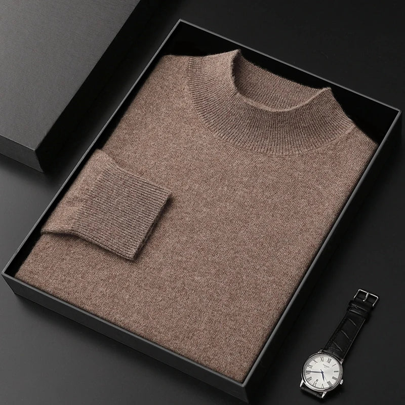 100% Pure Cashmere Sweater Men's Half High Collar Solid Color Pullover Fashion New Knit Undercoat  Autumn and Winter Long Sleeve