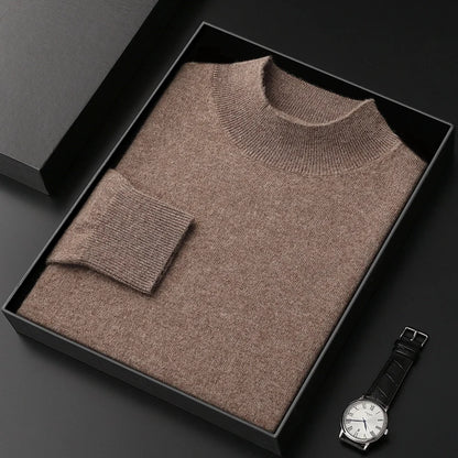 100% Pure Cashmere Sweater Men's Half High Collar Solid Color Pullover Fashion New Knit Undercoat  Autumn and Winter Long Sleeve