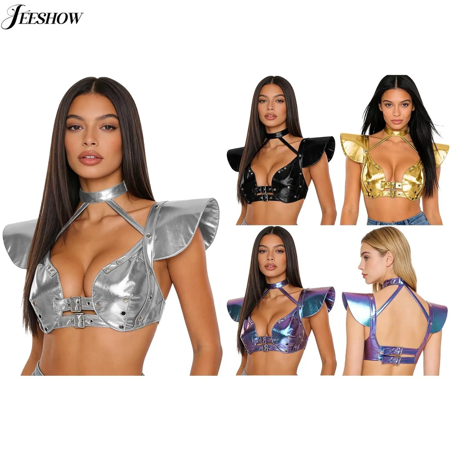 Womens Gothic Shiny Metallic Cut Out Crop Top Holographic Halter Neck Plunging Adjustable Buckles Corset Bustier Shoulder Armor