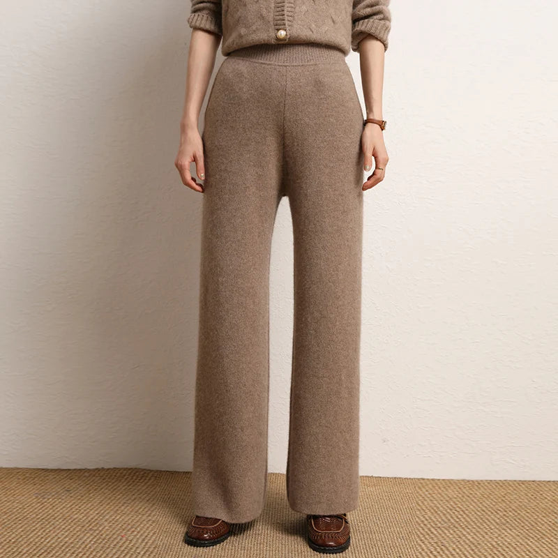 Women's 100% Cashmere Wide Leg Pants Knitted Thick Autumn/Winter Casual Solid Color Elastic Waistband Pockets
