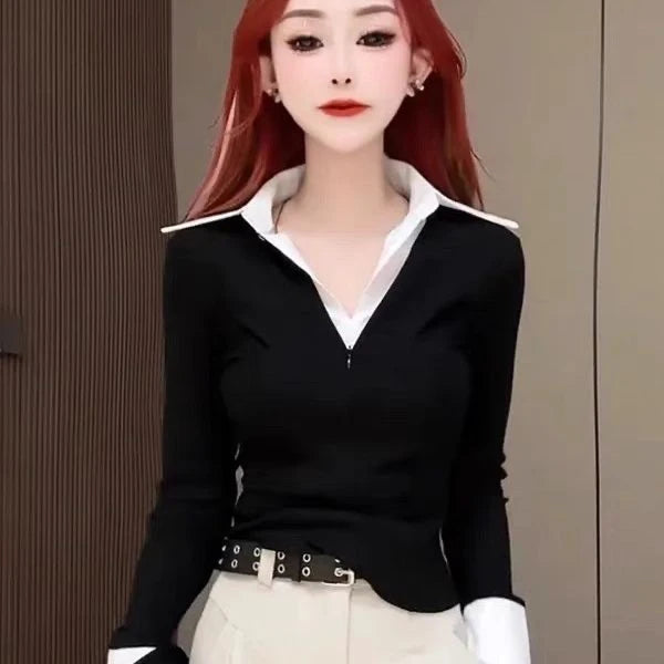 Spring Autumn 2026 Women's Slim Fit V Neck Bell Sleeve Shirt Color Block Waist Cinched False Two Piece Style Fashionable Offi...