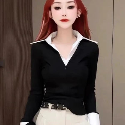 Spring Autumn 2026 Women's Slim Fit V Neck Bell Sleeve Shirt Color Block Waist Cinched False Two Piece Style Fashionable Offi...