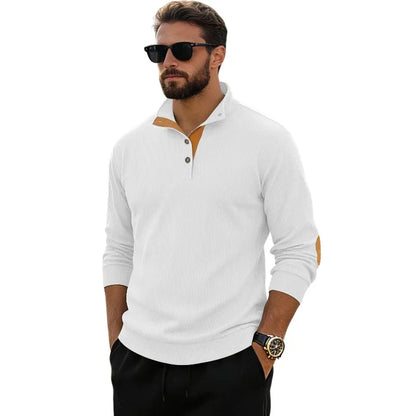 Men‘s Corduroy Button Up Pullover Stand Collar Contrast Elbow Patch Casual Top 2026
