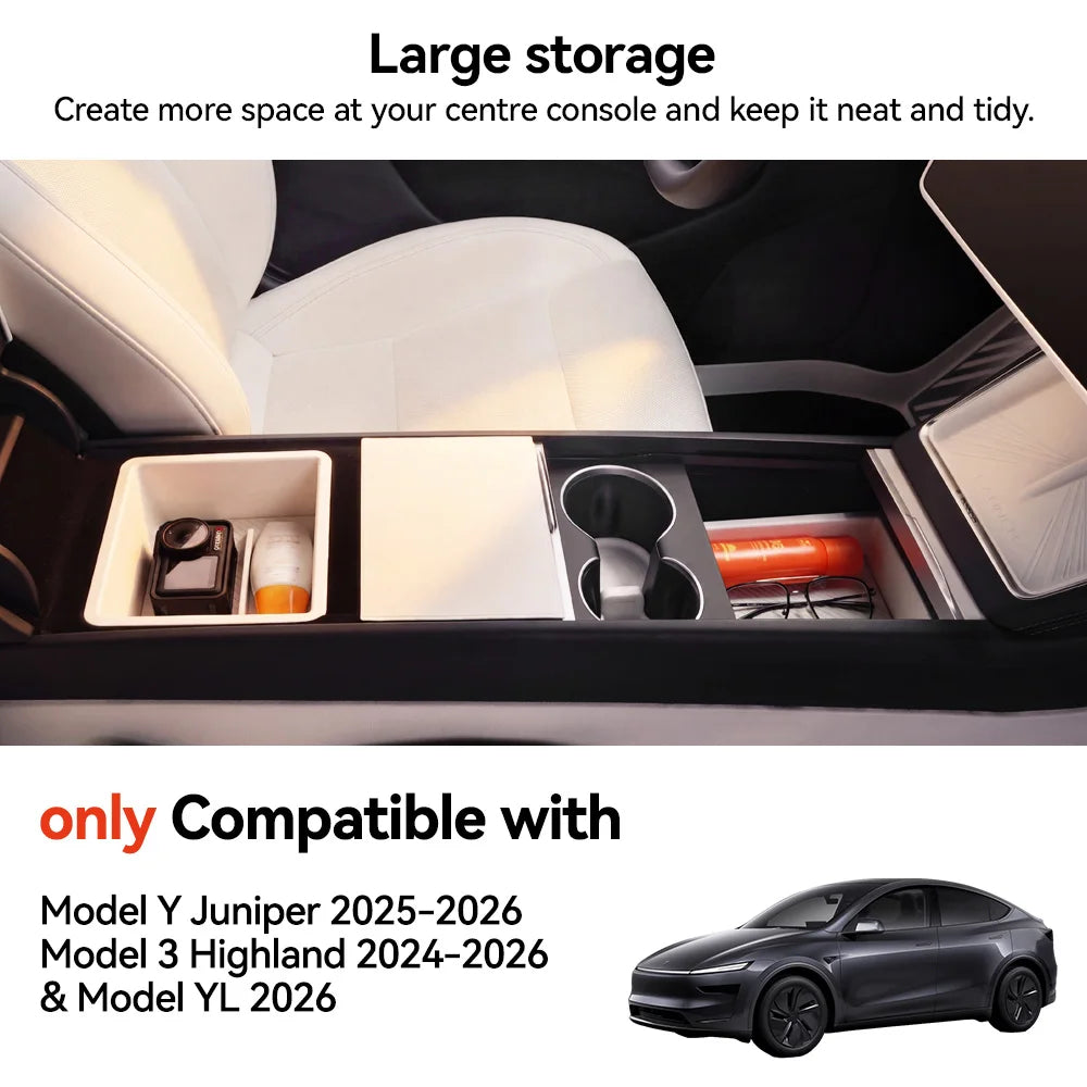 YZ For Tesla Model Y YL Juniper Model 3 Highland 2026 Console & Armrest Storage Box ABS Non-slip Mat Cup Holder Box Accessories