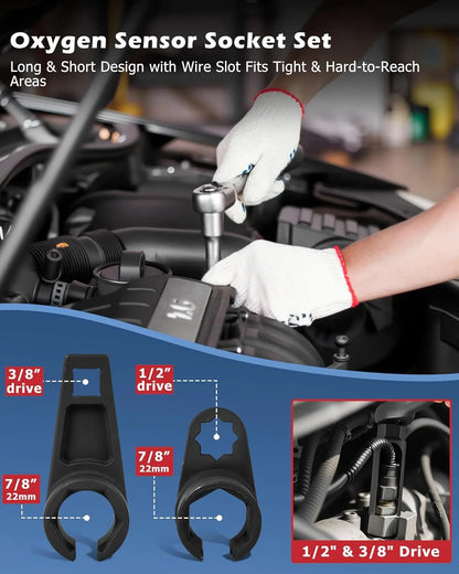 Universal Oxygen Sensor Socket Set O2 Lambda Sensor Removal Tool Kit Automotive Wrench Remover Installer Multi Size Box Tool