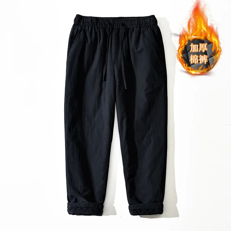 Men's Winter Thickened Cotton Linen Casual Pants Loose Fit Thermal Long Trousers Traditional Chinese Style Warm Cotton Padded