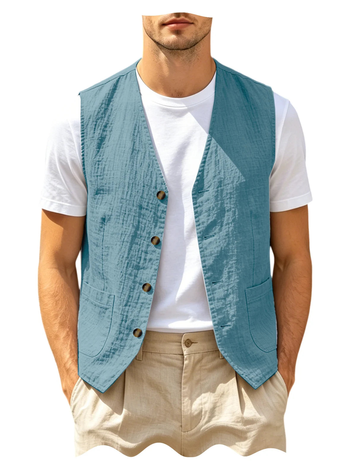 Men's Casual Linen Vest V-Neck Sleeveless Waistcoat Summer Lightweight Breathable Solid Color Button Up Vest For Daily Vacation
