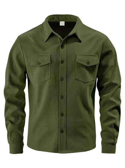 Men's Corduroy Button Down Shirt Casual Long Sleeve Work Shacket with Chest Pockets Fall Winter Fleece Lined Top