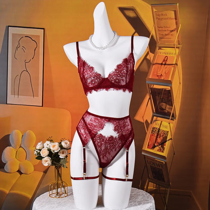 Ellolace Solid Lingeries Sexy Hot Elegant Bra Belt Thong 3PC with Leg Circles Cute Intimate Seductive Lace Tempted Underwear