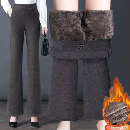 Women's Woolen Flared Pants High Waist Elastic Polyester Fiber Warm Casual Trousers for Autumn Winter 2025 New Style