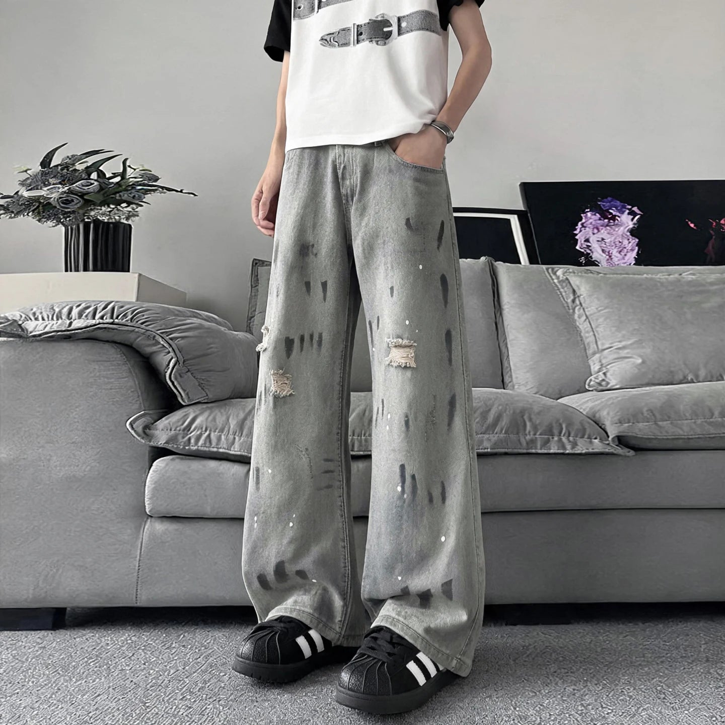 Original Retro Vintage Washed Distressed Men's Jeans American Street Style Casual Trendy Loose Fit Men's Pants Denim Urban