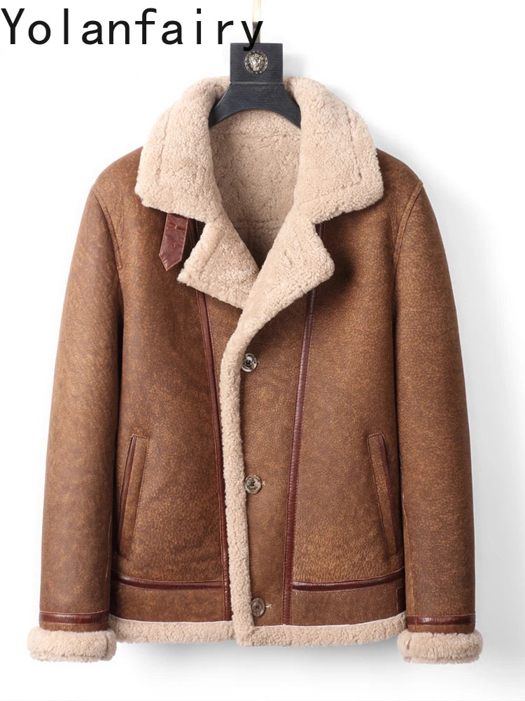 YOLANFAIRY Original Leather and Fur Integrated Coat Men's Sheepskin Jacket Motorcycle Jackets Male Winter Thick Fur Coats FC
