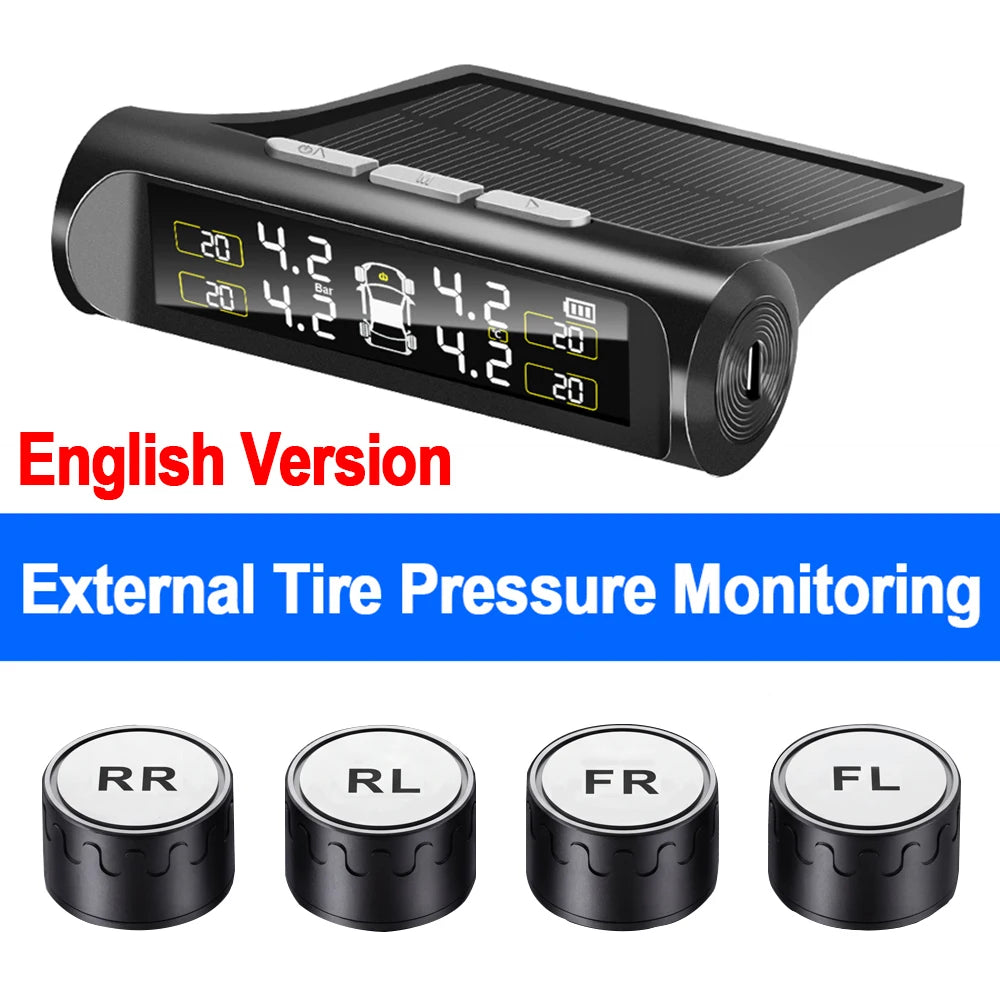Car TPMS Digital LCD Display Smart Tyre Pressure Monitoring System 4 Sensors Auto Security Alarm Solar Charging Car Accessories
