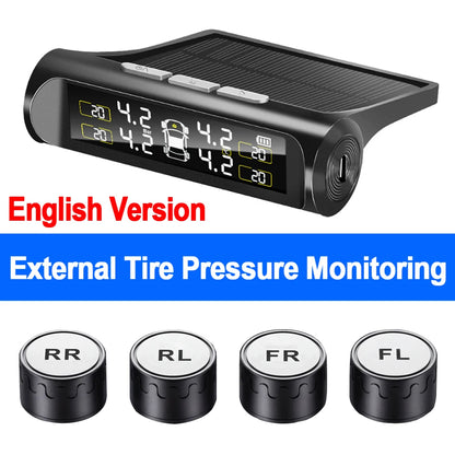 Car TPMS Digital LCD Display Smart Tyre Pressure Monitoring System 4 Sensors Auto Security Alarm Solar Charging Car Accessories