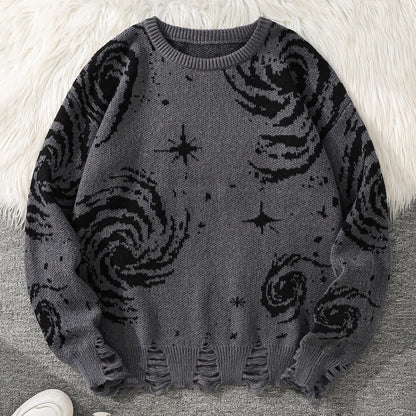 Men's Autumn and Winter Street Style Ripped Abstract Starry Sky Pattern Pullover Sweater, Casual Crew Neck Knit Men's Pullover, Regular Fit, Suitable for Autumn and Winter Seasons