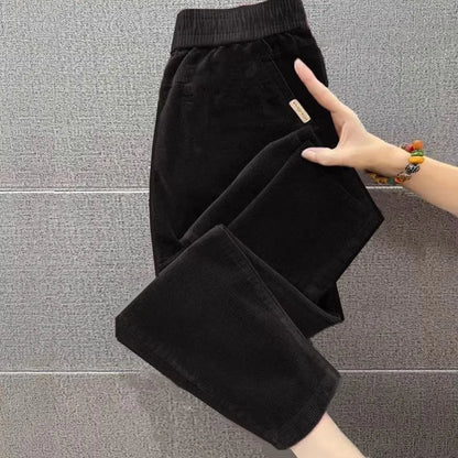 Autumn Winter Thickened Corduroy Casual Harlan Pants for Mom High Waist Loose Fit Straight Leg Casual Outerwear Polyester Fiber