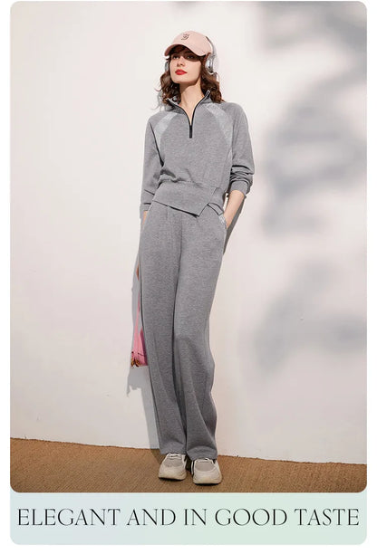 LOUIS YAO Women Two Pieces Set 2024 Autumn Stand Collar Long Sleeve Long Pants Set Sweatshirt Sporty Fashion Set