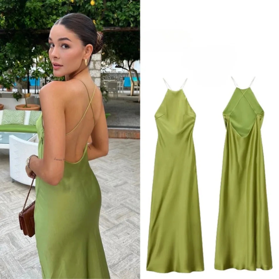 New Spring Summer Women's Maxi Dress Satin Feeling Sleeveless Dress European American Style Banquet Sexy Dress Evening Dresses