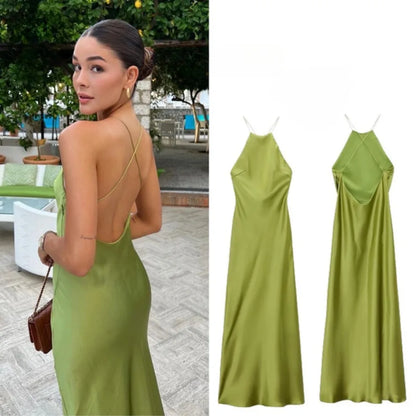 New Spring Summer Women's Maxi Dress Satin Feeling Sleeveless Dress European American Style Banquet Sexy Dress Evening Dresses