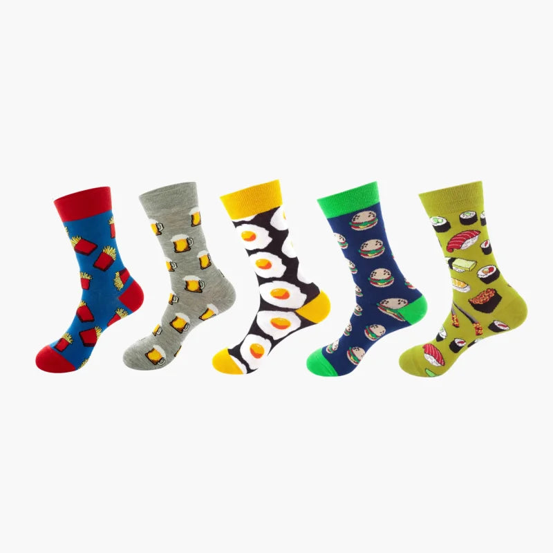 5 Pairs Fruit Print Socks Mid-Calf Funny Food Design Pineapple Watermelon Cotton Socks for Men Women Couple EU 37-45 US 6-12