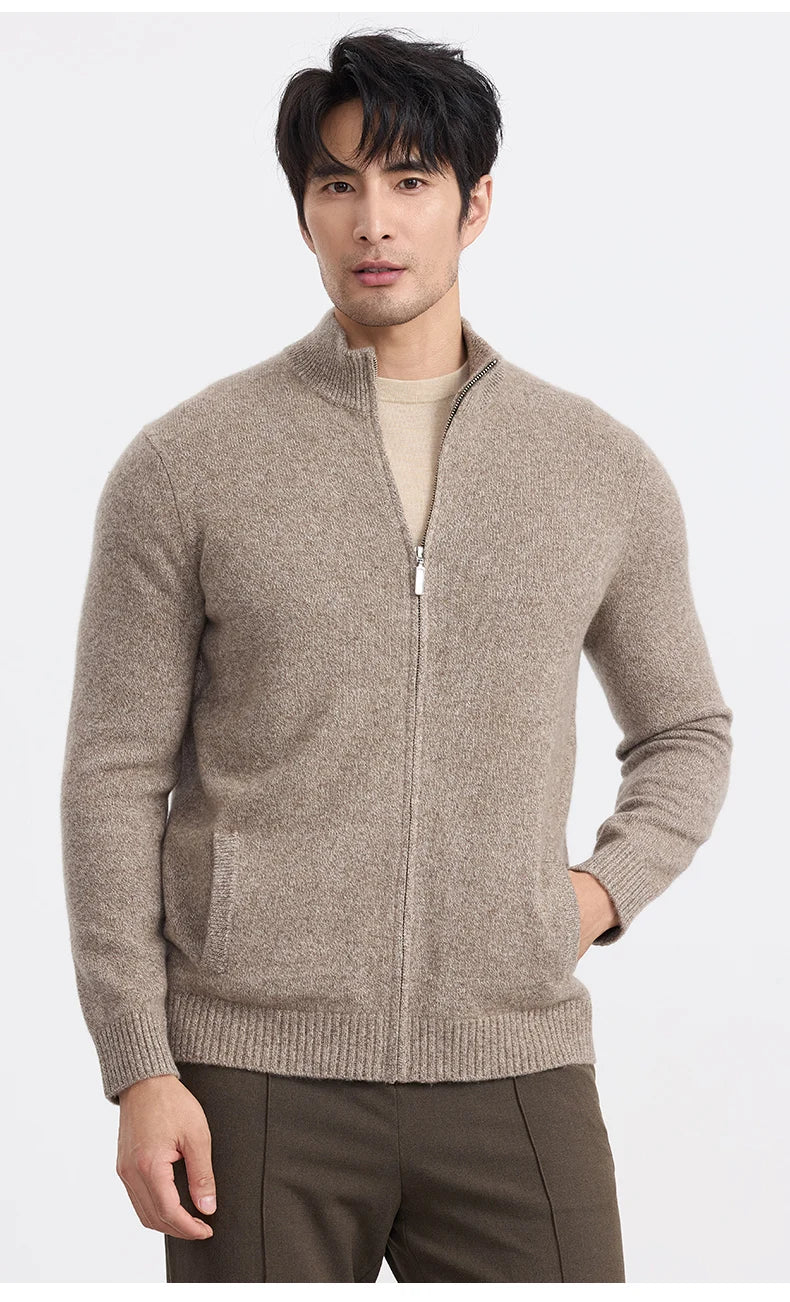 New 100% pure cashmere sweater sweater coat men's semi-high-necked zipper cardigan floral yarn padded warm coat