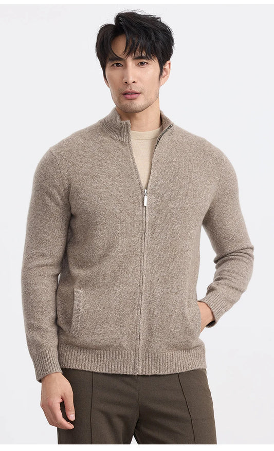 New 100% pure cashmere sweater sweater coat men's semi-high-necked zipper cardigan floral yarn padded warm coat