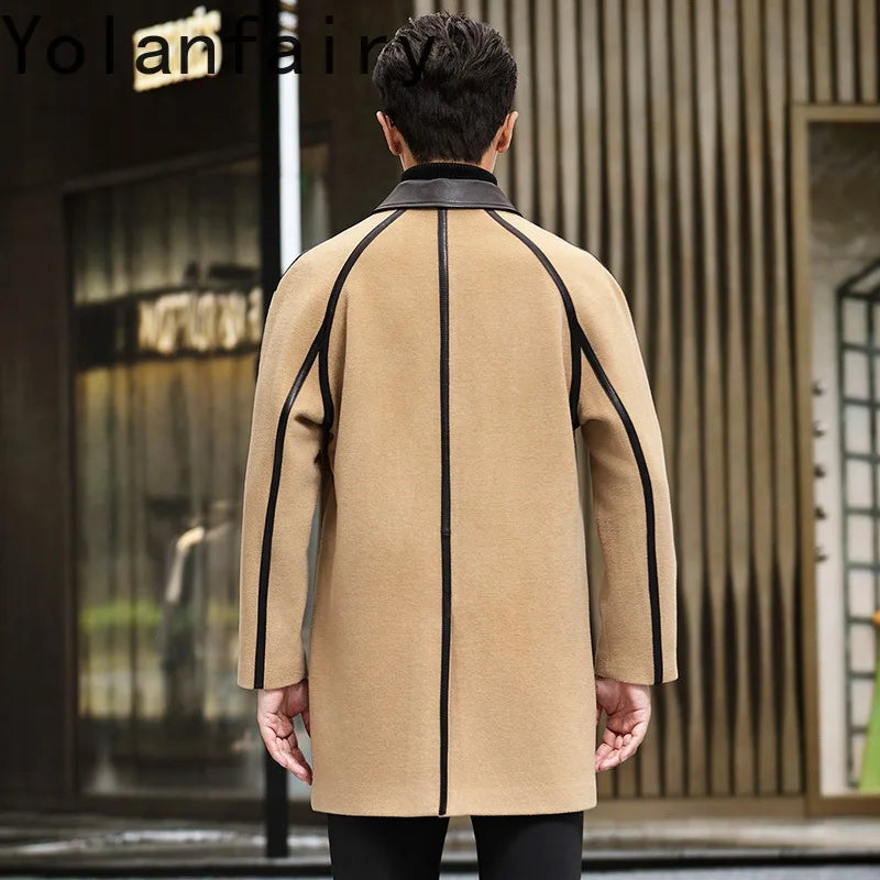 YOLANFAIRY Luxury Woolen Overcoat for Man Autumn Winter Mid-length Lapel Pure Wool Spliced Sheepskin Trench Coat Trend Jacket