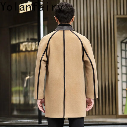 YOLANFAIRY Luxury Woolen Overcoat for Man Autumn Winter Mid-length Lapel Pure Wool Spliced Sheepskin Trench Coat Trend Jacket