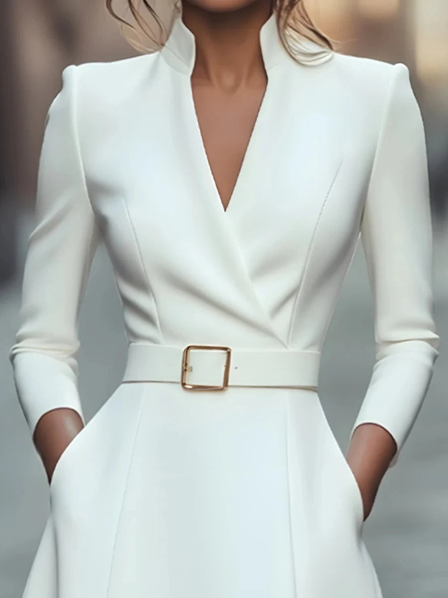 Autumn and winter temperament commuting waist slimming V-neck long-sleeved A-shaped medium-long belt skirt for women